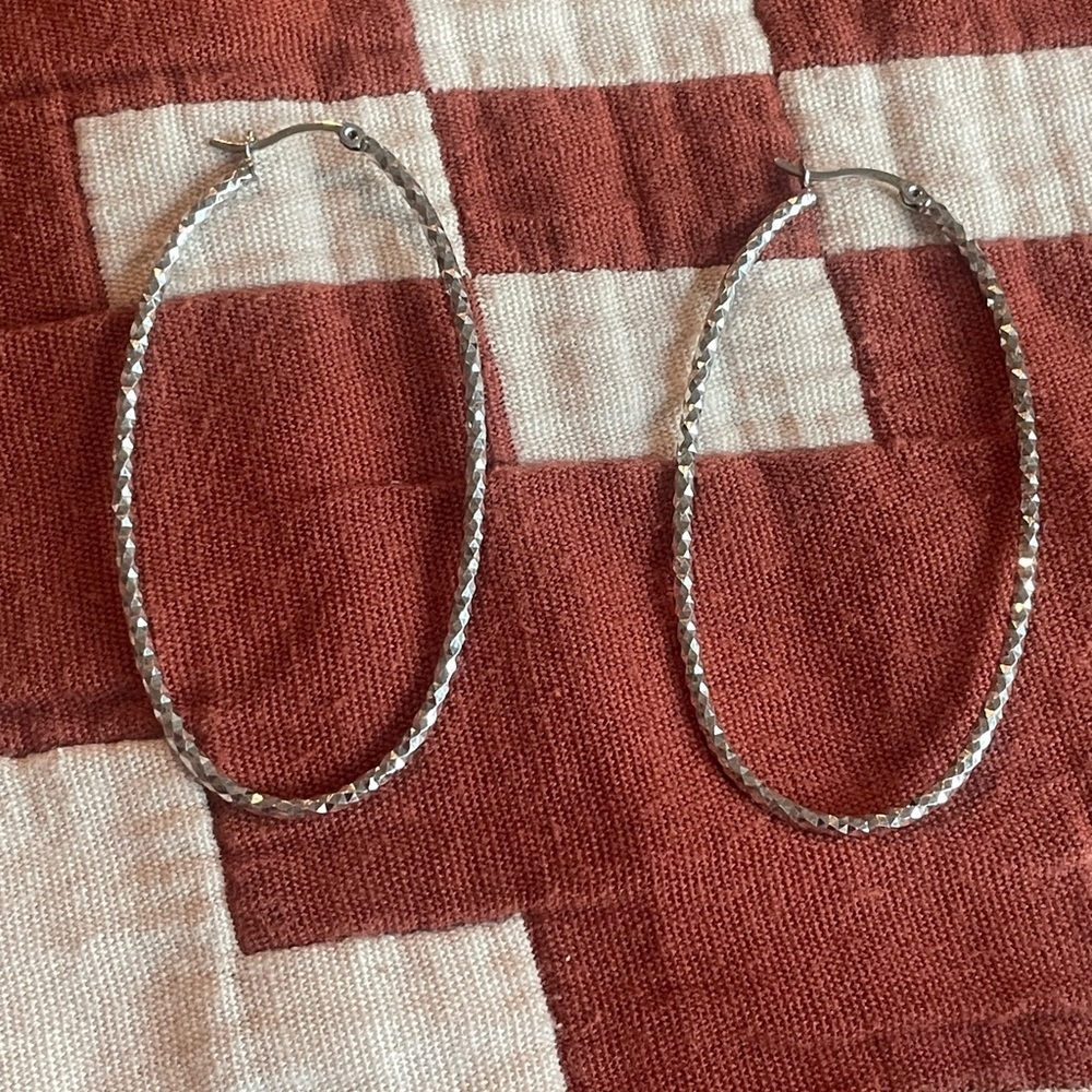 Textured Silver Hoop Earrings - Picture 2 of 4
